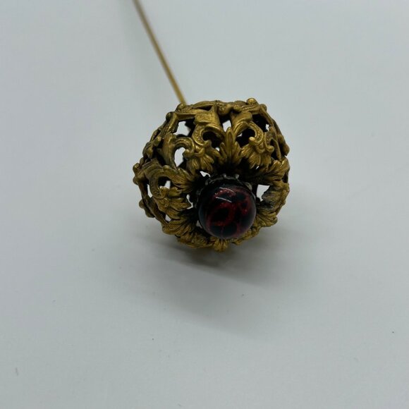 Antique Edwardian Hat Pin Gilded Brass Filigree Red Cabochon 1900s 9" READ - Picture 16 of 16